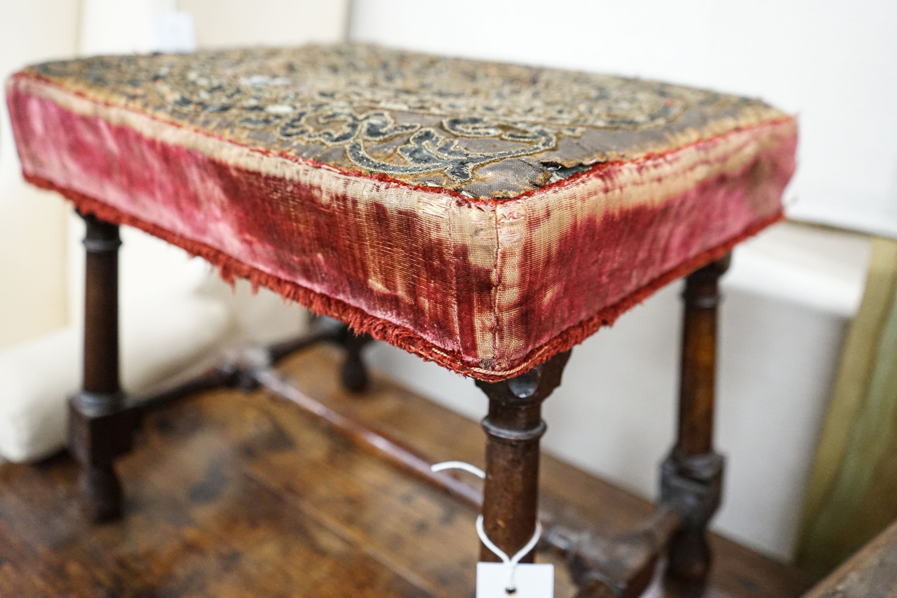 A George III turned mahogany stool with later Turkish bullion work embroidered seat, length 42cm, depth 32cm, height 37cm